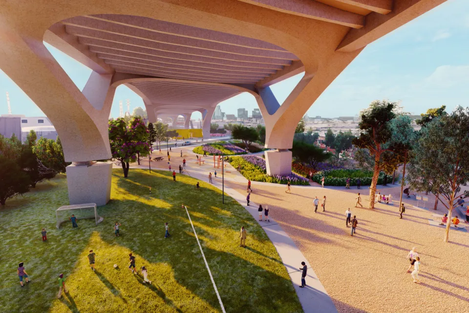Rendering of people walking on grassy lawn and gravel walkway under 6th Street Bridge in Los Angeles
